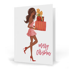 Multicultural Girl with Gifts Folded Christmas Cards