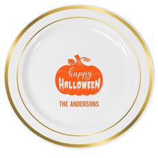 Happy Halloween Pumpkin Premium Banded Plastic Plates