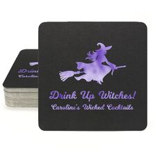 Witch On a Broom Silhouette Square Coasters