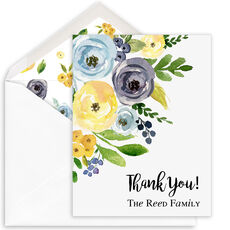 Yellow and Blue Corner Flowers Vertical Folded Note Cards