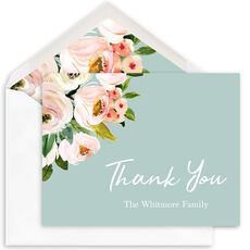 Blue Pink Corner Roses Folded Note Cards