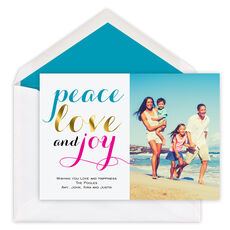 Turquoise Peace Love and Joy Foil Photo Cards