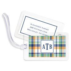 Navy and Orange Madras Plaid Luggage Tags