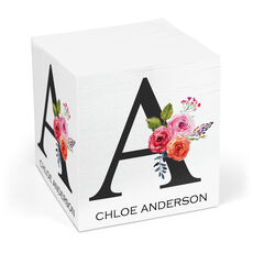 White Floral Bunch Initial Sticky Memo Cube