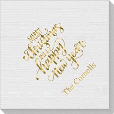 Hand Lettered Merry Christmas and Happy New Year Linen Like Napkins