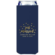 Confetti Dots Just Married Collapsible Slim Koozies