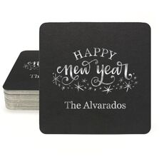 Hand Lettered Sparkle Happy New Year Square Coasters