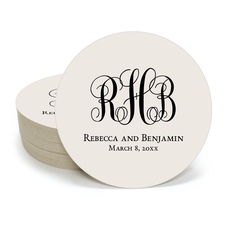 Fancy Script Monogram with Text Round Coasters