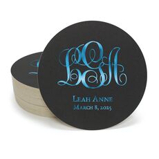 Fancy Script Monogram with Text Round Coasters