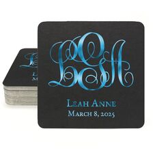 Fancy Script Monogram with Text Square Coasters
