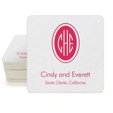 Outline Shaped Oval Monogram with Text Square Coasters