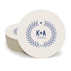 Laurel Wreath with Heart and Initials Round Coasters