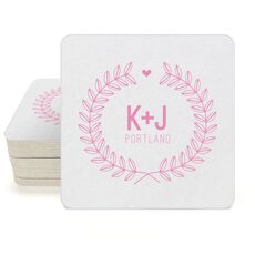 Laurel Wreath with Heart and Initials Square Coasters