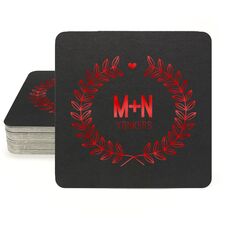 Laurel Wreath with Heart and Initials Square Coasters