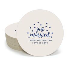 Confetti Dots Just Married Round Coasters