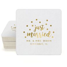 Confetti Dots Just Married Square Coasters
