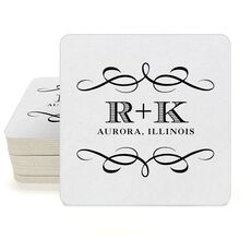 Courtyard Scroll with Initials Square Coasters
