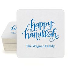 Hand Lettered Happy Hanukkah Square Coasters