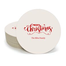Hand Lettered Merry Christmas Scroll Round Coasters