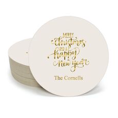 Hand Lettered Merry Christmas and Happy New Year Round Coasters