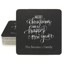 Hand Lettered Merry Christmas and Happy New Year Square Coasters