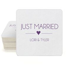Just Married with Heart Square Coasters