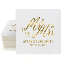 Mr. and Mrs. Hearts Square Coasters