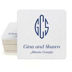Shaped Oval Monogram with Text Square Coasters