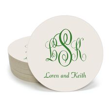 Script Monogram with Small Initials plus Text Round Coasters