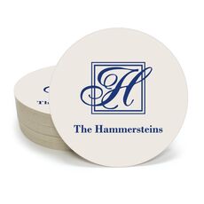 Pick Your Single Initial Monogram with Text Round Coasters