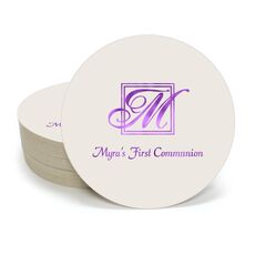 Pick Your Single Initial Monogram with Text Round Coasters