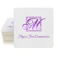 Pick Your Single Initial Monogram with Text Square Coasters